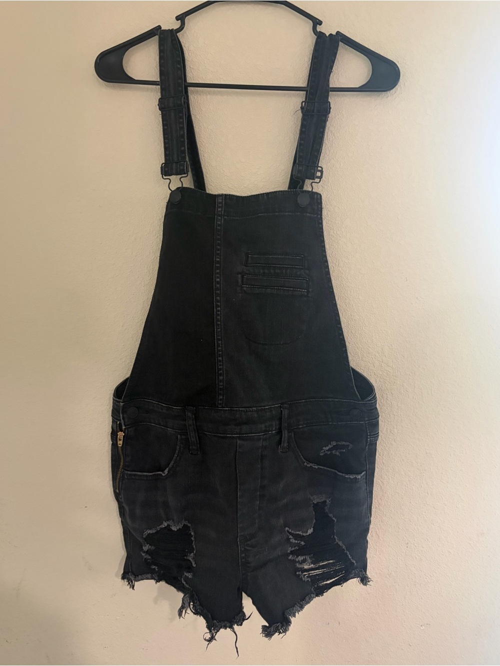 Express Black Distressed Denim Short Overalls